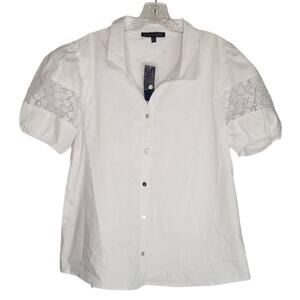 Adrianne Vittadini Puff Sleeve with Lace Insert Button Front Top XL New